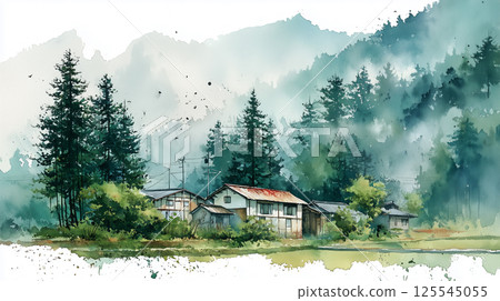 霧山中一個安靜的鄉村的水彩風景，有傳統的日本房屋和道路 125545055