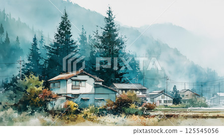 A watercolor-style Japanese landscape illustration depicting a country road surrounded by mountains and a quiet time shrouded in early morning mist 125545056