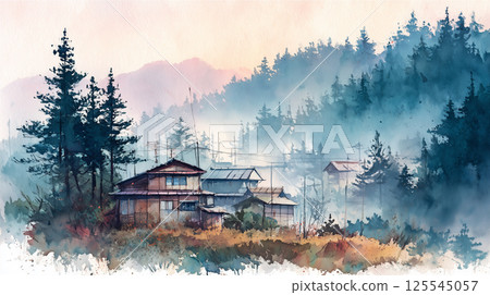 A wooden house and mountain path standing quietly in the mist and greenery, a rural morning scene painted with watercolors 125545057