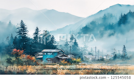A watercolor-style illustration of a mountain village surrounded by a misty cedar forest, with houses and utility poles lined up along the road 125545058