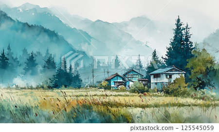 A landscape of an old house and forest standing in the morning mist, a watercolor-style Japanese countryside illustration drawn in transparent colors 125545059