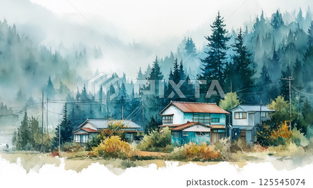 一幅水彩畫風格的鄉村風景畫，描繪了籠罩在晨霧中的杉樹林和老房子，以及在鋪好的道路上行駛的復古汽車 125545074