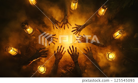 Glowing zombie hands reaching towards a mysterious light source, surrounded by old vintage lanterns in a dark and smoky post apocalyptic setting, creating a chilling horror scene 125545093