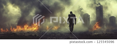 Lone survivor walks away from a burning city in a post apocalyptic world, with smoke and flames filling the air and destroyed buildings in the background 125545096