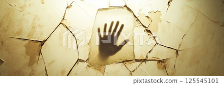 Silhouetted hand reaches through a cracked, decaying wall, evoking themes of survival and horror in a post apocalyptic world. The scene suggests an eerie, haunting atmosphere 125545101