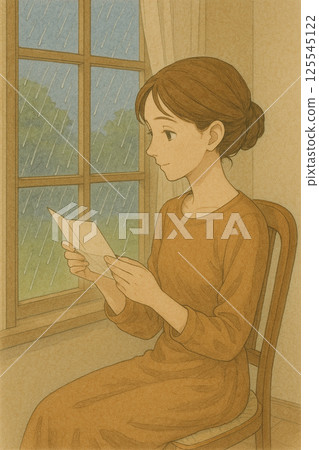 一位女士坐在房間裡的椅子上,在雨中讀一封信 一位女士坐在房間裡的椅子上,在雨中讀一封信 125545122