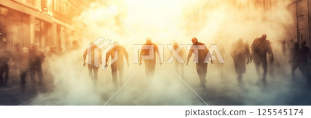 Zombies wandering through a fog laden street between crumbling buildings create a chilling and dramatic atmosphere during a post apocalyptic outbreak, evoking feelings of fear and danger 125545174