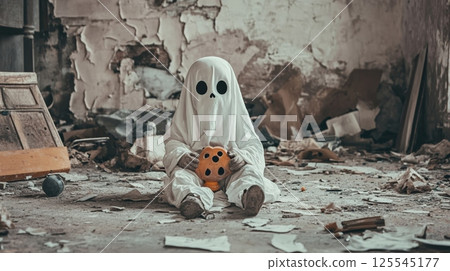 Child wearing ghost costume sitting on the floor of an abandoned house and holding a plastic pumpkin during halloween, surrounded by debris and rubble Child wearing ghost costume sitting on the floor of an abandoned house and holding a plastic pumpkin during halloween, surrounded by debris and rubble 125545177