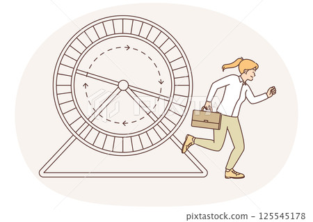 Woman with business briefcase runs near hamster wheel wanting to reach career goa 125545178