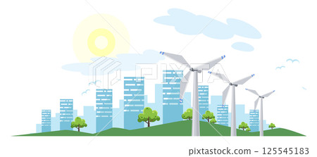 Clean electric energy concept. Renewable electricity resource from wind turbines. Ecological change of the future. City skyline and nature landscape on background Clean electric energy concept. Renewable electricity resource from wind turbines. Ecological change of the future. City skyline and nature landscape on background 125545183