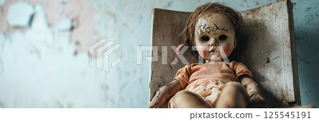 Creepy broken doll sitting on a small decaying chair in an abandoned house, evoking a sense of fear and loneliness, perfect for horror or halloween themes 125545191
