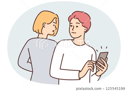 Curious woman trying to spy on boyfriend chatting or using social media on phone Curious woman trying to spy on boyfriend chatting or using social media on phone 125545199