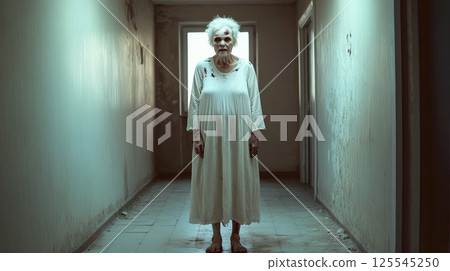 Creepy undead woman standing in decaying hospital corridor, symbolizing post apocalyptic survival horror and the dangers of infection and outbreaks 125545250
