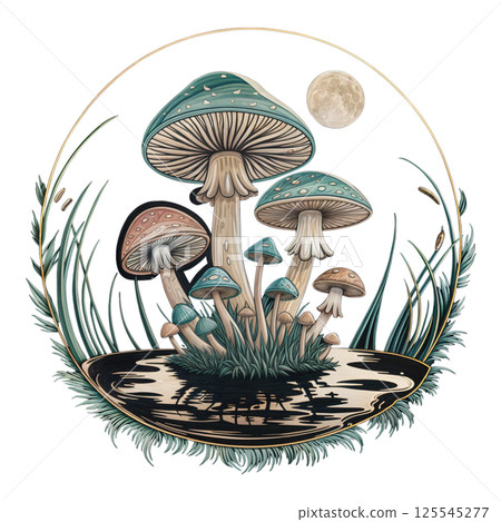 Sticker of death cap mushroom family on moon background 125545277