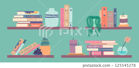 Cartoon Color Bookshelves Decorations Concept Textbooks, Vase and Plants on Bookshelf Literature Reading Concept Flat Design Style. Vector illustration Cartoon Color Bookshelves Decorations Concept Textbooks, Vase and Plants on Bookshelf Literature Reading Concept Flat Design Style. Vector illustration 125545278
