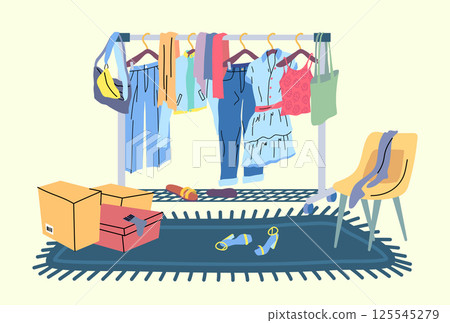 Cartoon Color Clothes Rack on Carpet Season Female Outfit Concept for Shop Flat Design Style. Vector illustration Cartoon Color Clothes Rack on Carpet Season Female Outfit Concept for Shop Flat Design Style. Vector illustration 125545279