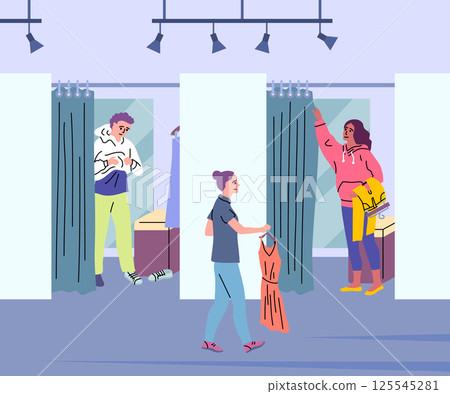 Cartoon Color Characters Boy and Girl in Fashion Fitting Room Concept. Vector illustration of Trying Dress Up Cartoon Color Characters Boy and Girl in Fashion Fitting Room Concept. Vector illustration of Trying Dress Up 125545281