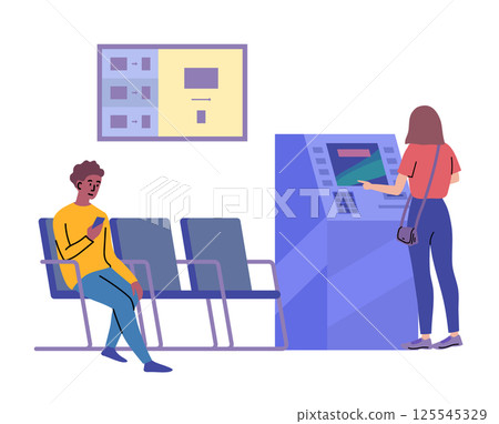 Cartoon Color Bank Characters Clients and Atm Cash Machine Providing Banking Services Concept Flat Design Style. Vector illustration Cartoon Color Bank Characters Clients and Atm Cash Machine Providing Banking Services Concept Flat Design Style. Vector illustration 125545329