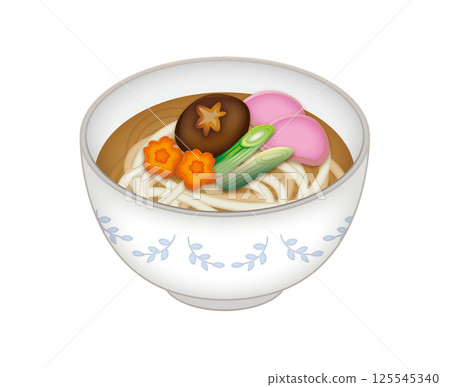 Delicious udon noodles with lots of toppings 125545340