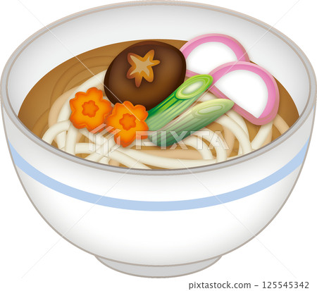 Delicious stewed udon noodles with lots of toppings 125545342