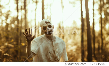 Creepy undead with decaying skin waving hand in spooky forest during sunset, representing post apocalyptic survival horror and zombie outbreak 125545380