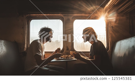 Two male survivors are eating together in a desolate train carriage, sharing their last resources in a post apocalyptic world, with sunlight streaming through the window 125545381