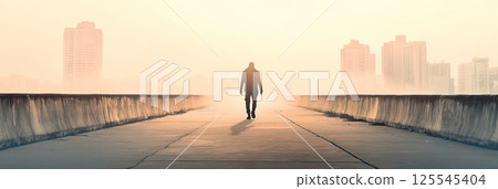 Silhouetted against a vibrant sunrise, a solitary man walks along a rooftop, overlooking the cityscape. Capturing the essence of urban solitude and the promise of new beginnings Silhouetted against a vibrant sunrise, a solitary man walks along a rooftop, overlooking the cityscape. Capturing the essence of urban solitude and the promise of new beginnings 125545404