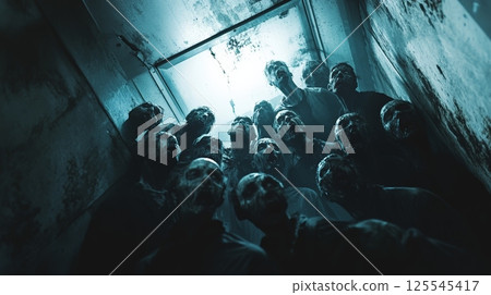Many undead creatures, trapped in a dark and gruesome room, are stretching their arms towards a light source, creating a terrifying and dramatic scene 125545417