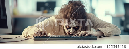 Spooky undead woman with bloody face and messy hair leaning over keyboard and typing, working in office even during zombie apocalypse, post apocalyptic horror scene 125545418