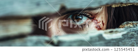 Post apocalyptic survivor with wounded face hiding and watching through the gap of some wooden boards, concept of zombie apocalypse or end of the world Post apocalyptic survivor with wounded face hiding and watching through the gap of some wooden boards, concept of zombie apocalypse or end of the world 125545451