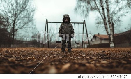 Haunting image of a young child, infected and alone, standing in a desolate, abandoned playground, capturing themes of survival and the loss of innocence after a zombie apocalypse 125545471