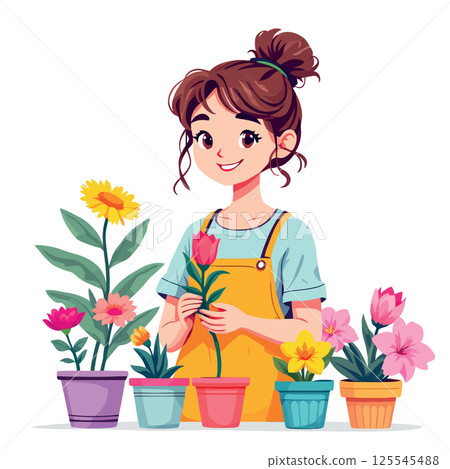 Vsai young florist taking care of potted flowers, gardening, botany, small business concept 125545488