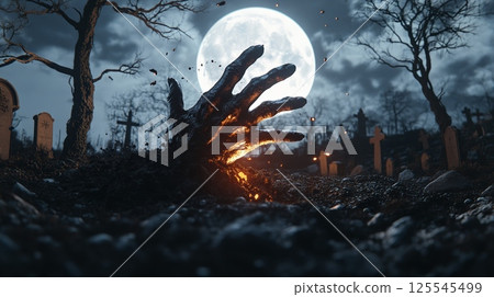 Glowing zombie hand rising from grave in a spooky cemetery at night, under the light of a full moon, creating a dramatic and eerie halloween scene Glowing zombie hand rising from grave in a spooky cemetery at night, under the light of a full moon, creating a dramatic and eerie halloween scene 125545499
