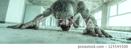 Creepy undead monster crawling across a grimy floor in a decaying building, embodying the horror of a post apocalyptic world filled with fear and danger after the zombie outbreak 125545500