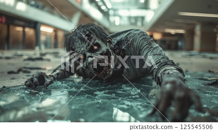 Creepy undead zombie crawling across the jagged broken glass floor of an abandoned shopping mall, creating a chilling and apocalyptic atmosphere filled with fear and decay 125545506