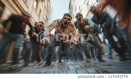 Large group of aggressive, bloody, and scary undead are sprinting down a city street in a low angle view, creating a sense of urgency and terror Large group of aggressive, bloody, and scary undead are sprinting down a city street in a low angle view, creating a sense of urgency and terror 125545574