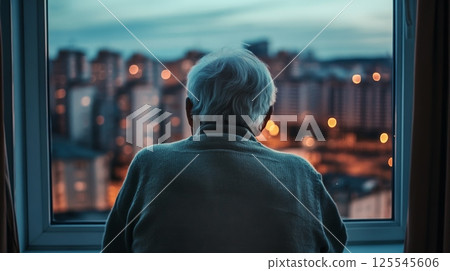 Elderly man with white hair wearing a sweater is looking out the window at the illuminated cityscape at dusk, conveying a sense of contemplation and solitude Elderly man with white hair wearing a sweater is looking out the window at the illuminated cityscape at dusk, conveying a sense of contemplation and solitude 125545606
