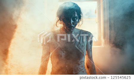 Post apocalyptic survivor, covered in dirt and grime, standing defiantly in a smoke filled, ruined room, her face marked by the struggle for survival in a ravaged world 125545625