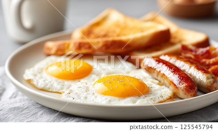Breakfast of two yellow fried eggs and grilled sausages | Morning plate 125545794