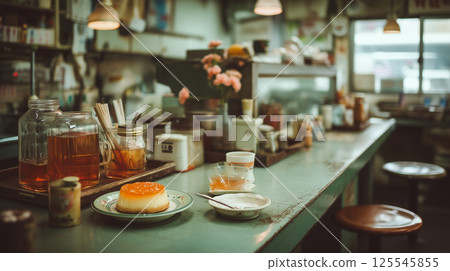 晨曦中亮起的咖啡館一角,充滿昭和風情的復古現代空間。 晨曦中亮起的咖啡館一角,充滿昭和風情的復古現代空間。 125545855