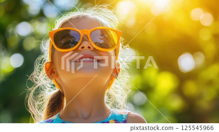 A joyful young girl wearing large orange sunglasses smiles brightly while standing outdoors under warm golden sunlight 125545966