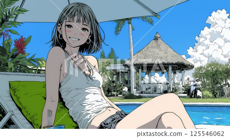 A young woman relaxing at a seaside resort hotel in Okinawa 125546062