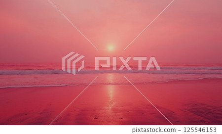 A serene beach glows under a breathtaking red and pink sunset, with gentle waves softly washing onto the shore A serene beach glows under a breathtaking red and pink sunset, with gentle waves softly washing onto the shore 125546153