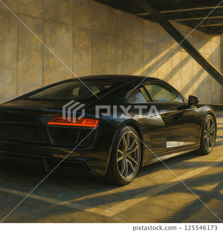 停車場裡沐浴在夕陽下的跑車 停車場裡沐浴在夕陽下的跑車 125546173