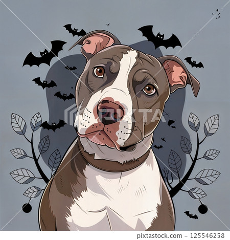 Halloween night vector Pitbull on the background of a flock of bats with watercolor paints 125546258
