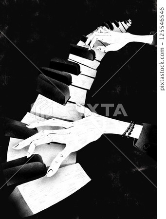 Surreal hands playing flowing, distorted piano keys in dramatic black and white Surreal hands playing flowing, distorted piano keys in dramatic black and white 125546546