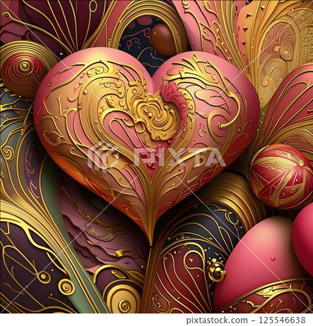 A luxurious 3D-rendered heart with intricate golden engravings, surrounded by ornate patterns and spherical elements 125546638