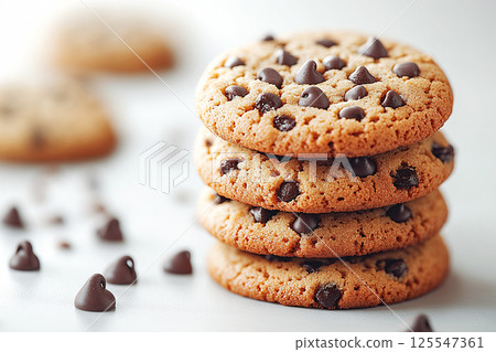 Chocolate chip cookies stacked on a white background, ideal for promoting baking recipes or sweet dessert branding Chocolate chip cookies stacked on a white background, ideal for promoting baking recipes or sweet dessert branding 125547361