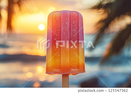 Popsicle with rainbow colors on a long stick on a summer background. Summer fun. Retro style. Popsicle with rainbow colors on a long stick on a summer background. Summer fun. Retro style. 125547362