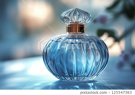 Perfume bottle with glossy on its glass surface, conveying elegance and sophistication. Ideal for high-end perfume advertisements. 125547363